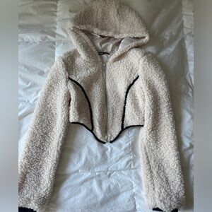 Contrast Binding Zip Up Hooded Crop Teddy Jacket Sherpa Cream Ivory Tan